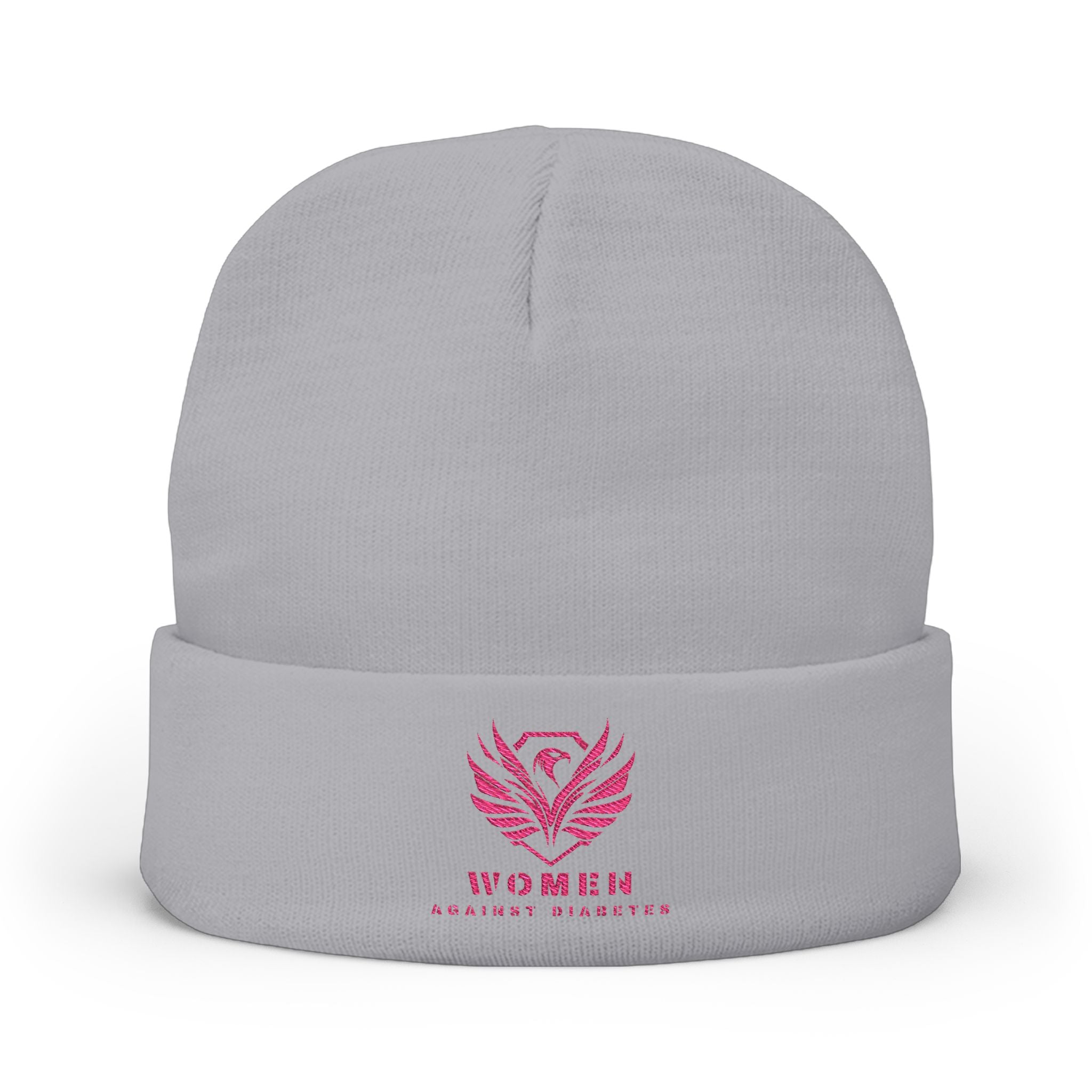 Embroidered Crest Knit Beanie — Pink Logo Winter Hat