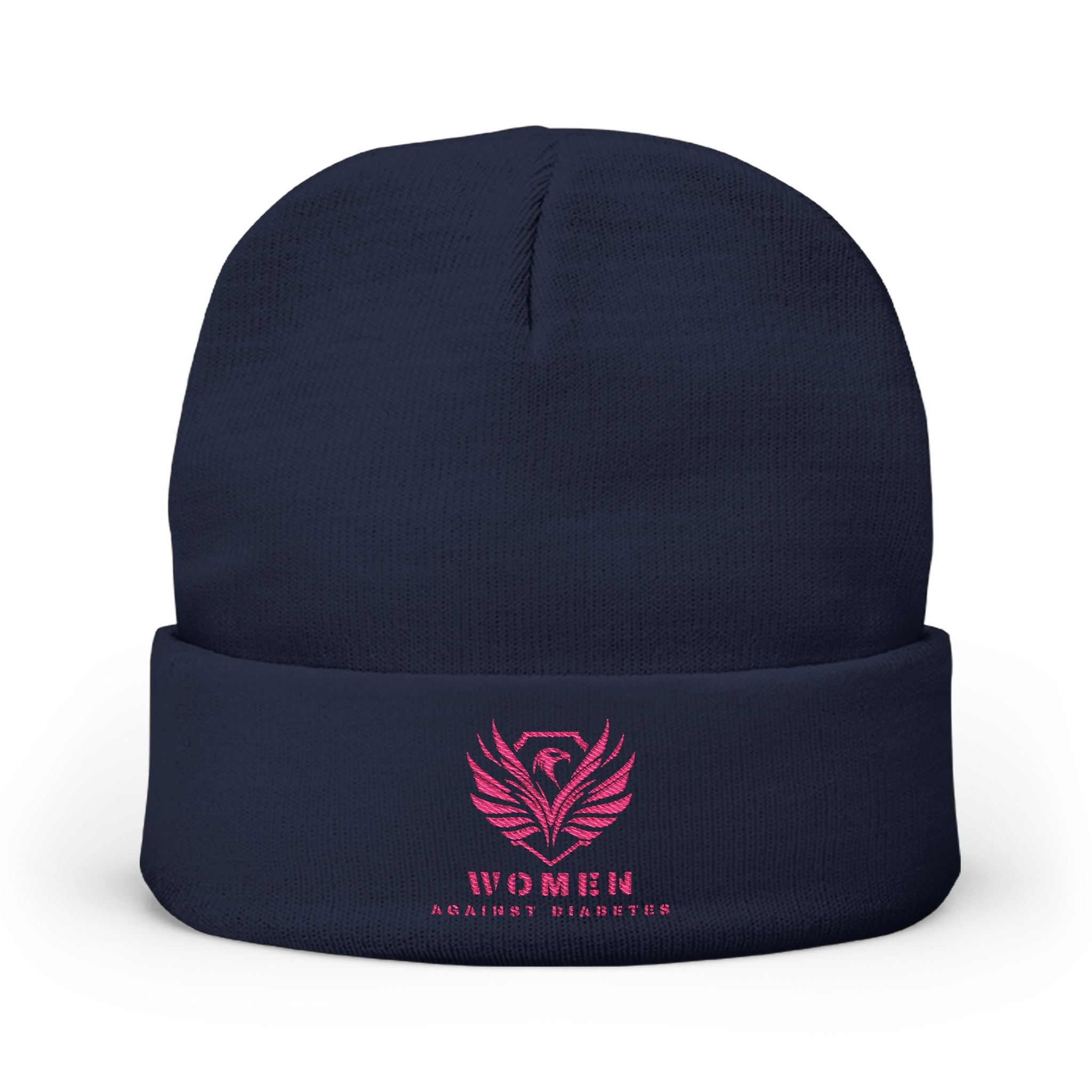 Embroidered Crest Knit Beanie — Pink Logo Winter Hat