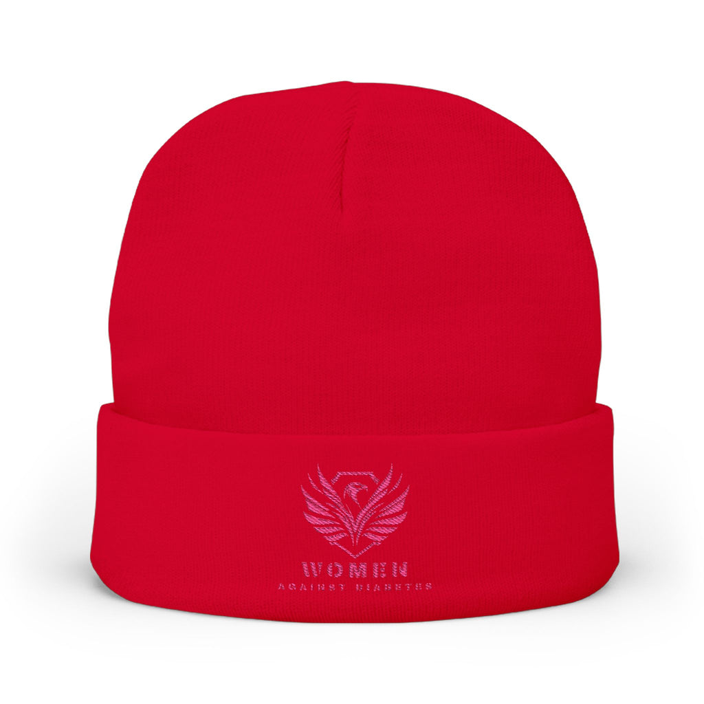 Embroidered Crest Knit Beanie — Pink Logo Winter Hat