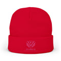 Embroidered Crest Knit Beanie — Pink Logo Winter Hat