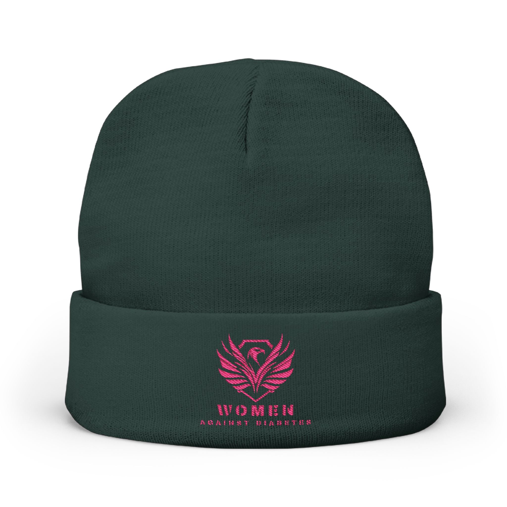 Embroidered Crest Knit Beanie — Pink Logo Winter Hat