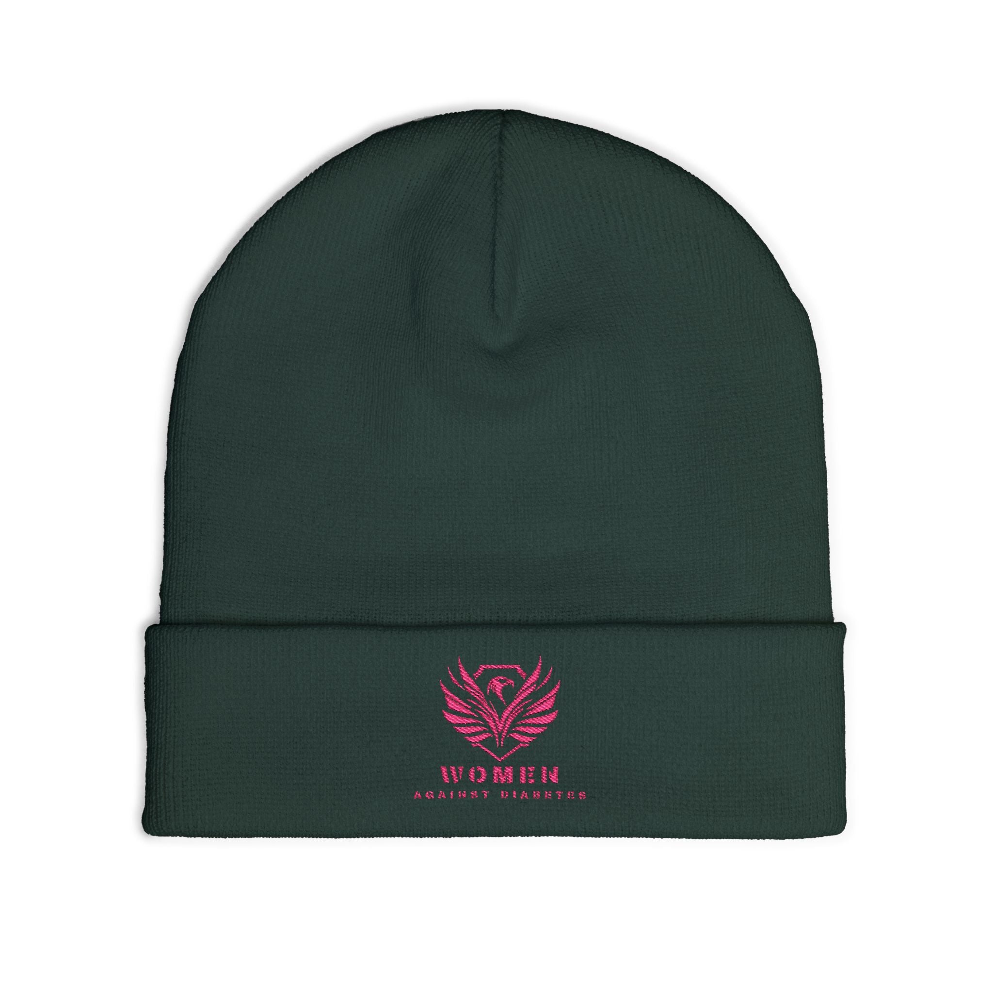Embroidered Crest Knit Beanie — Pink Logo Winter Hat