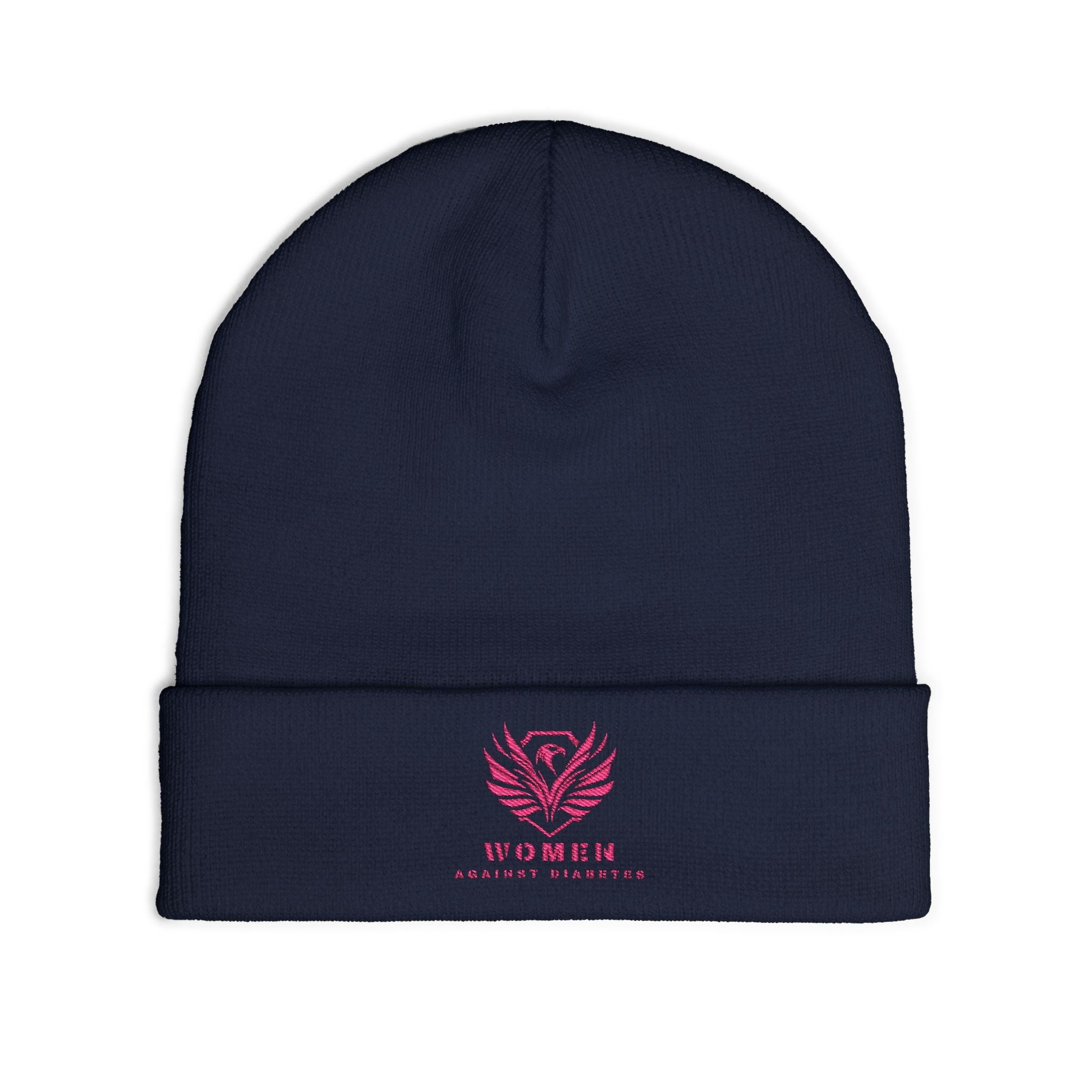 Embroidered Crest Knit Beanie — Pink Logo Winter Hat