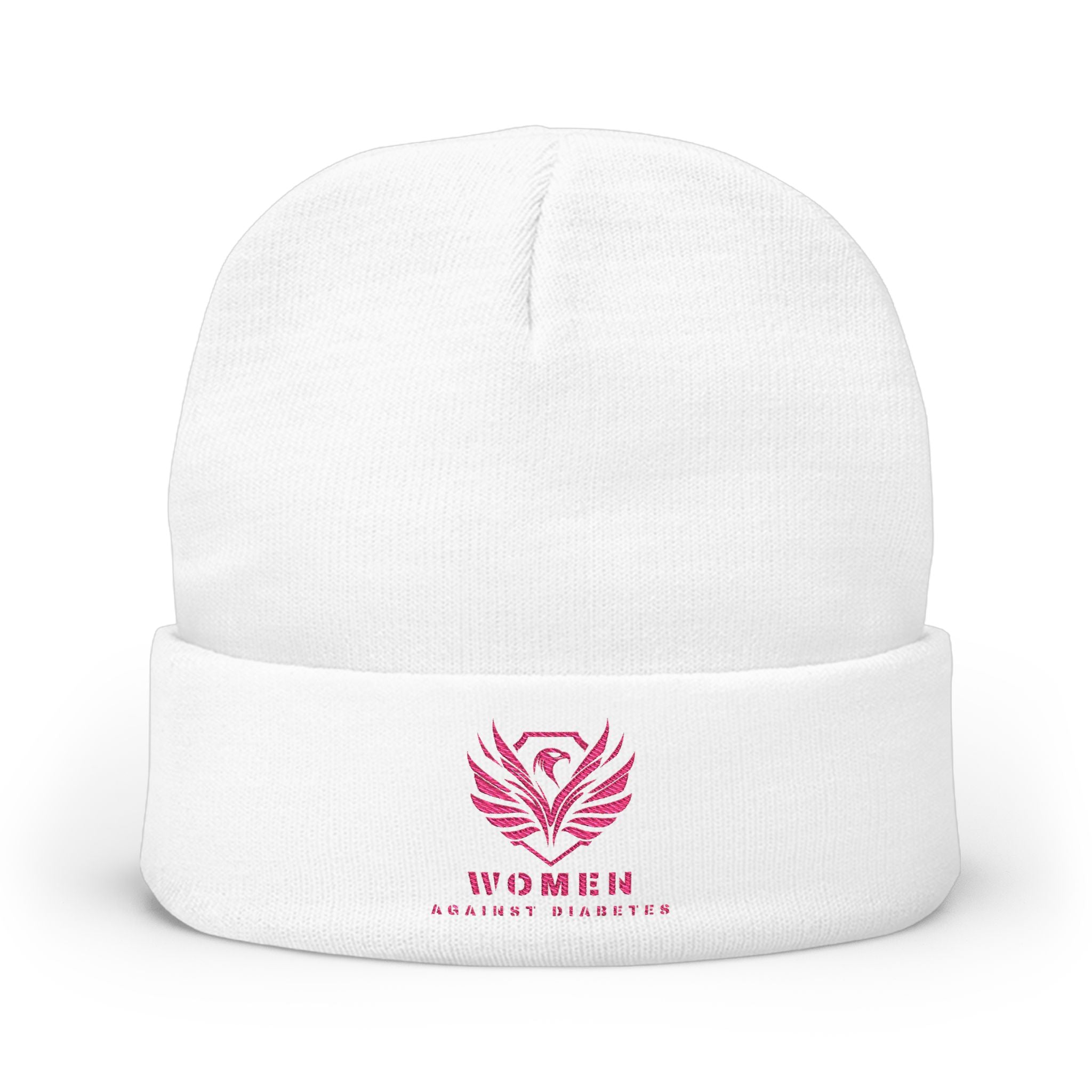 Embroidered Crest Knit Beanie — Pink Logo Winter Hat