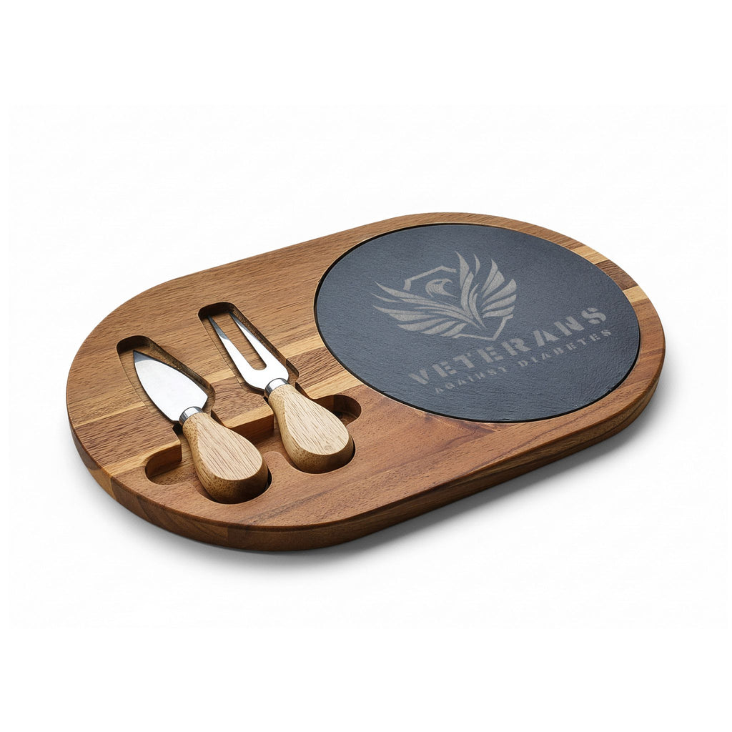 Engraved Veterans Charcuterie Board with Slate Insert & Cheese Knives