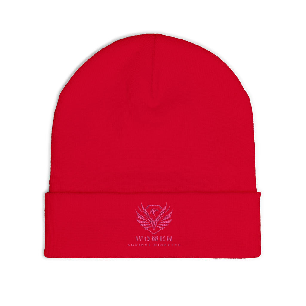 Embroidered Crest Knit Beanie — Pink Logo Winter Hat