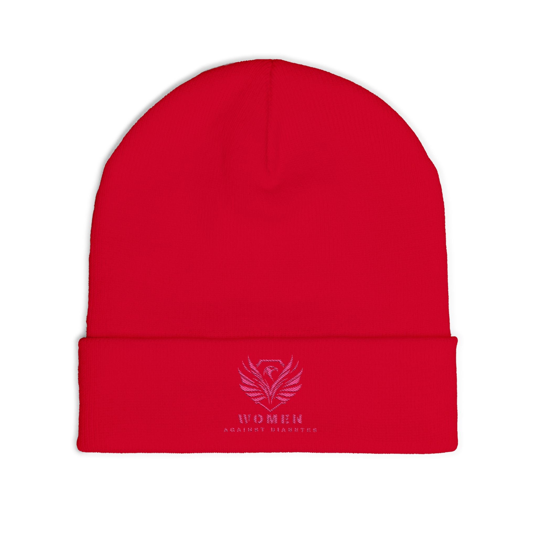 Embroidered Crest Knit Beanie — Pink Logo Winter Hat