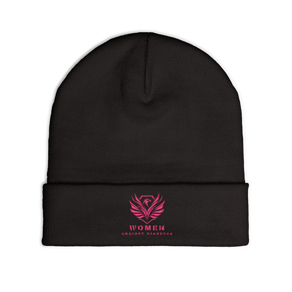 Embroidered Crest Knit Beanie — Pink Logo Winter Hat